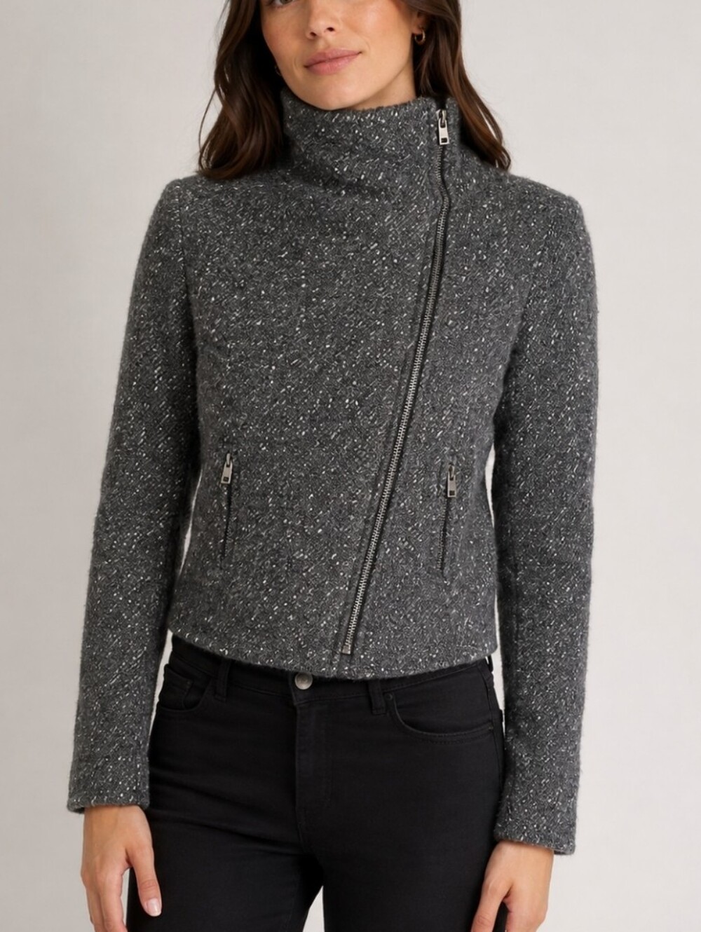 IRO Alex Wool Mohair Alpaca Blend Moto Biker Jacket Size 3 Large Grey FallWinter